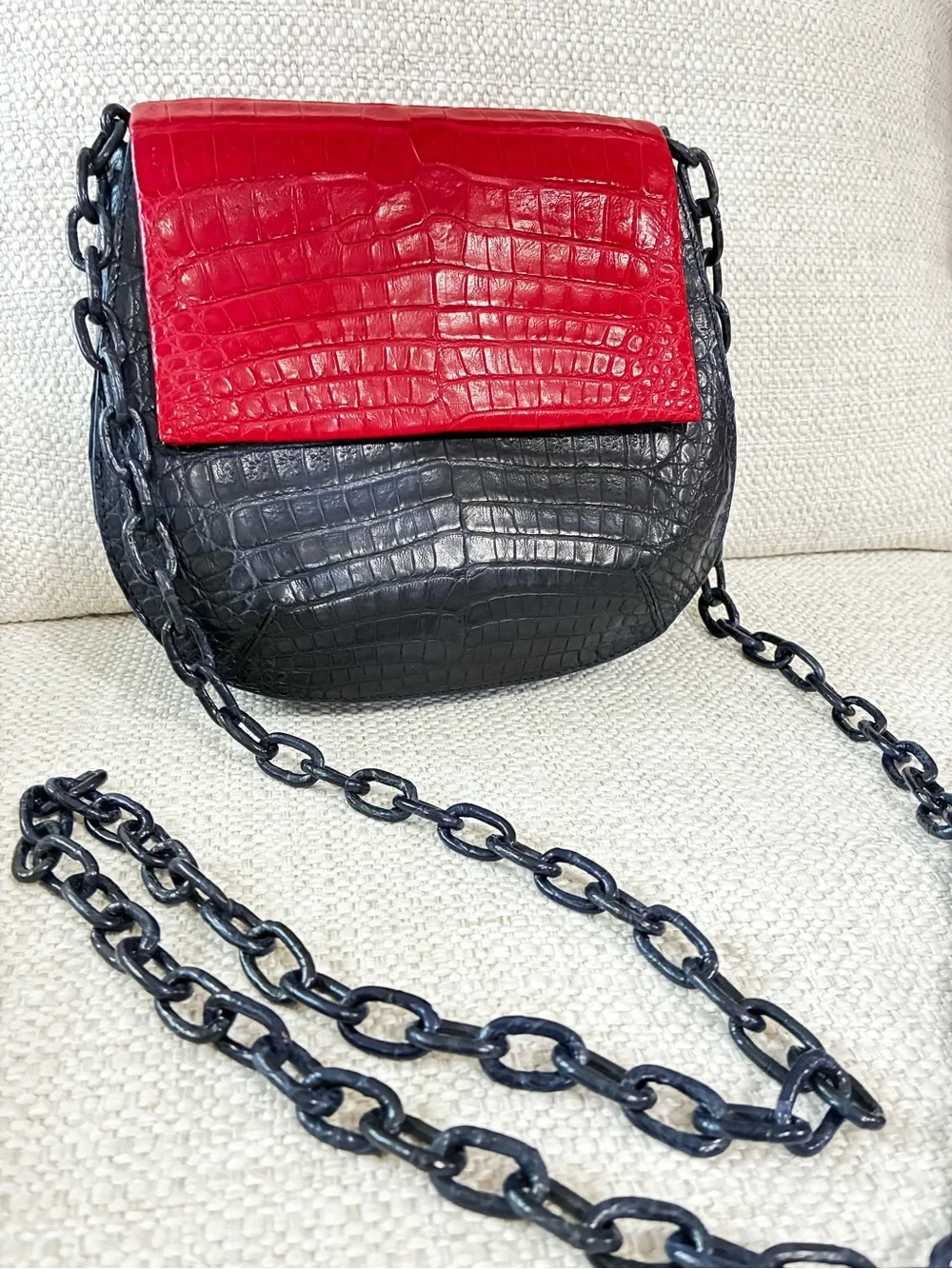 Nancy Gonzalez Rare VGC Navy/Red Crocodile Round Flap-Top Crossbody Bag
